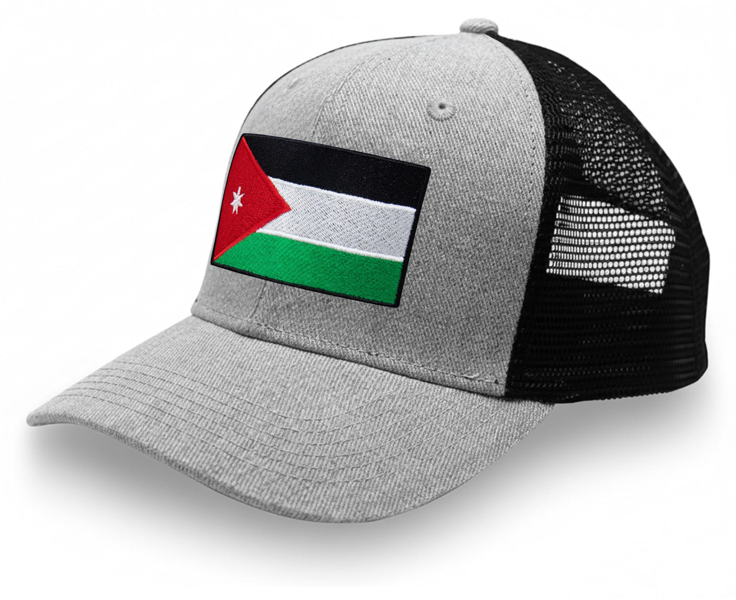 International Tie Country Hat for Men and Women, Adjustable Snapback Trucker Baseball Cap with Embroidered Patch (Jordan, Grey Black)