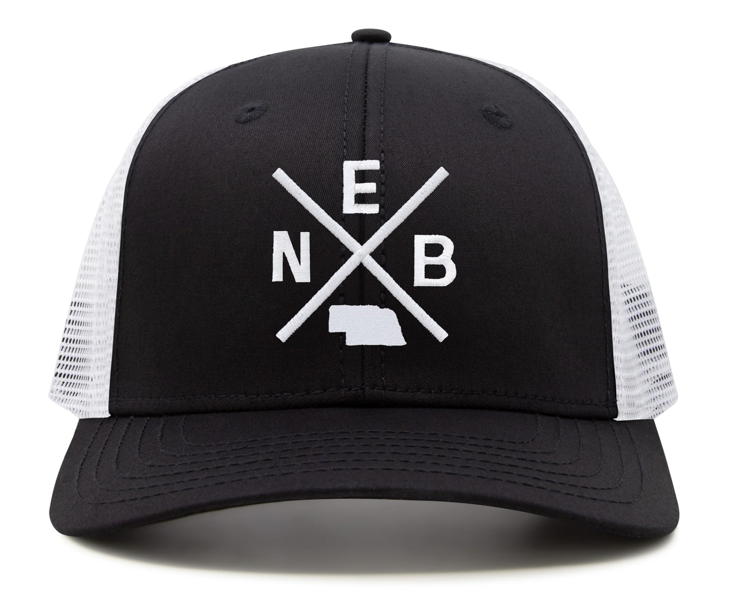 International Tie Hat for Men and Women, Adjustable Snapback Trucker Baseball Cap, Embroidered Cross Logo (NEB - Nebraska, Black White)