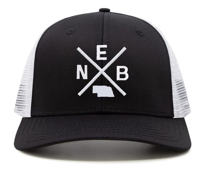 International Tie Hat for Men and Women, Adjustable Snapback Trucker Baseball Cap, Embroidered Cross Logo (NEB - Nebraska, Black White)