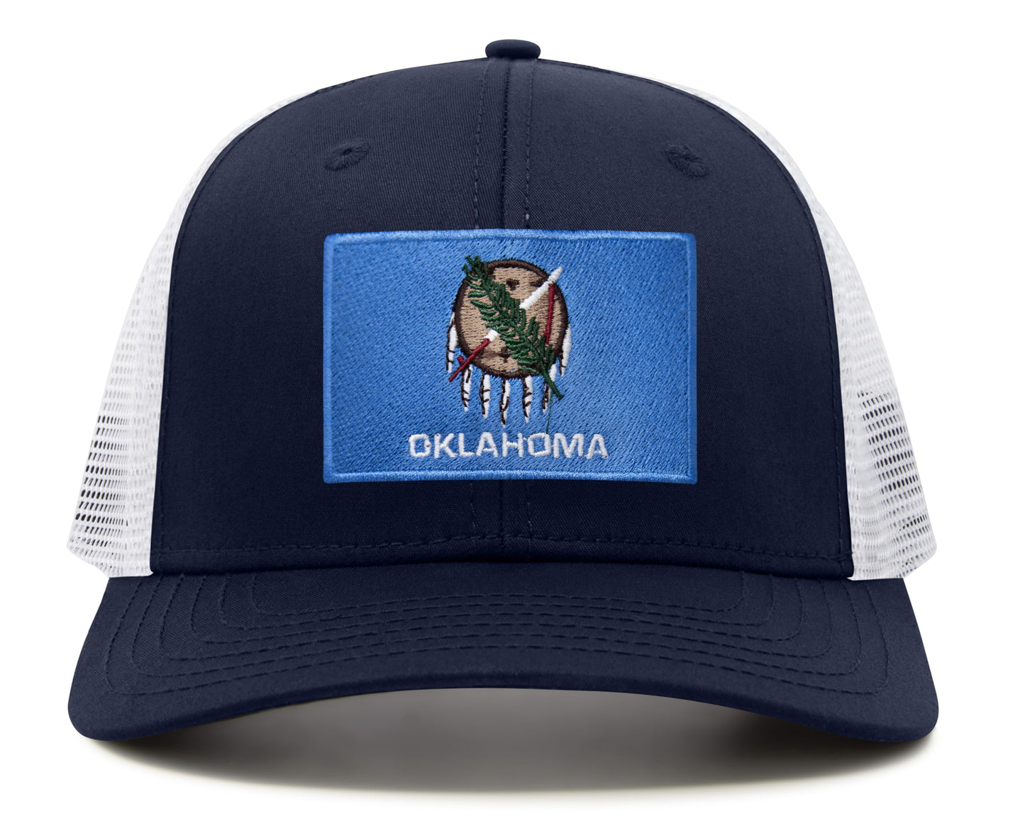 International Tie State Hat for Men and Women, Adjustable Snapback Trucker Baseball Cap with Embroidered Patch (Oklahoma, Navy White)