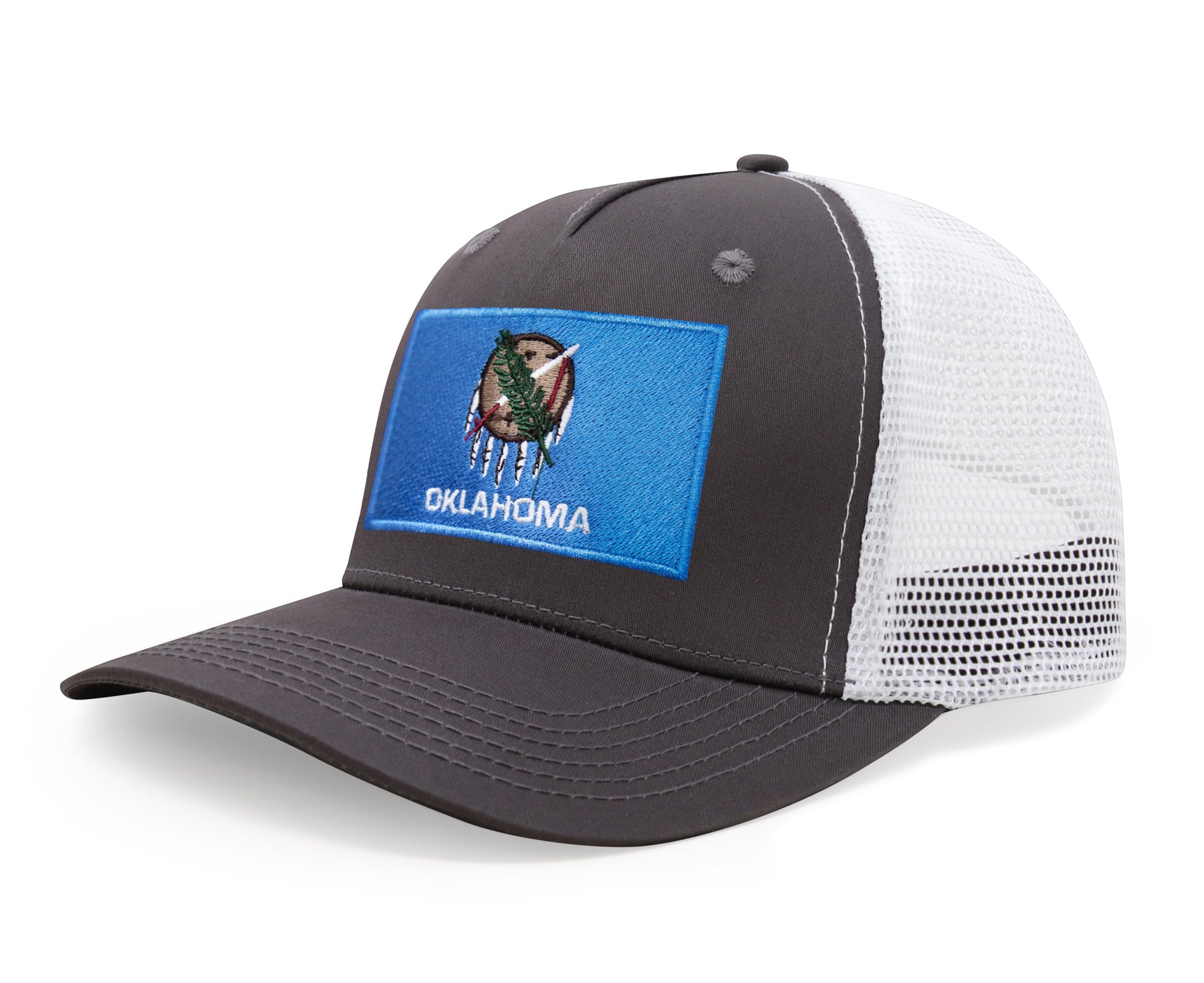 International Tie State Hat for Men and Women, Adjustable Snapback Trucker Baseball Cap with Embroidered Patch (Oklahoma, Grey White) - International Tie