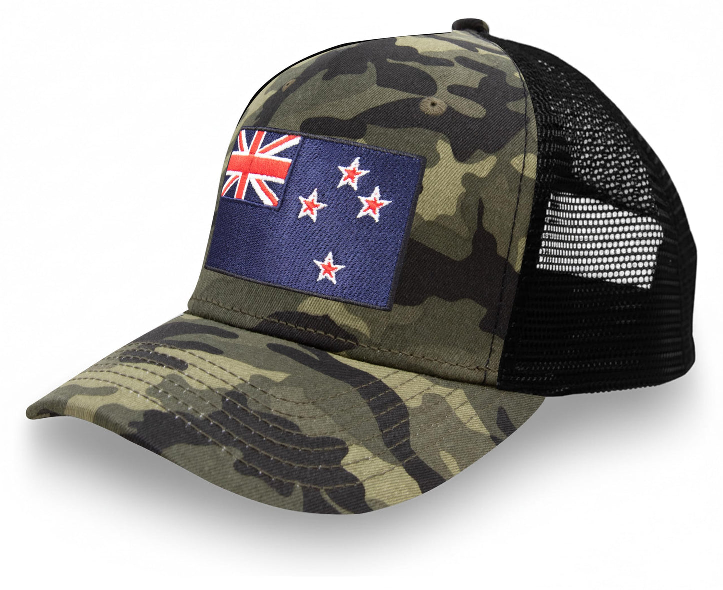 International Tie Country Hat for Men and Women, Adjustable Snapback Trucker Baseball Cap with Embroidered Patch (New Zealand, Camouflage)