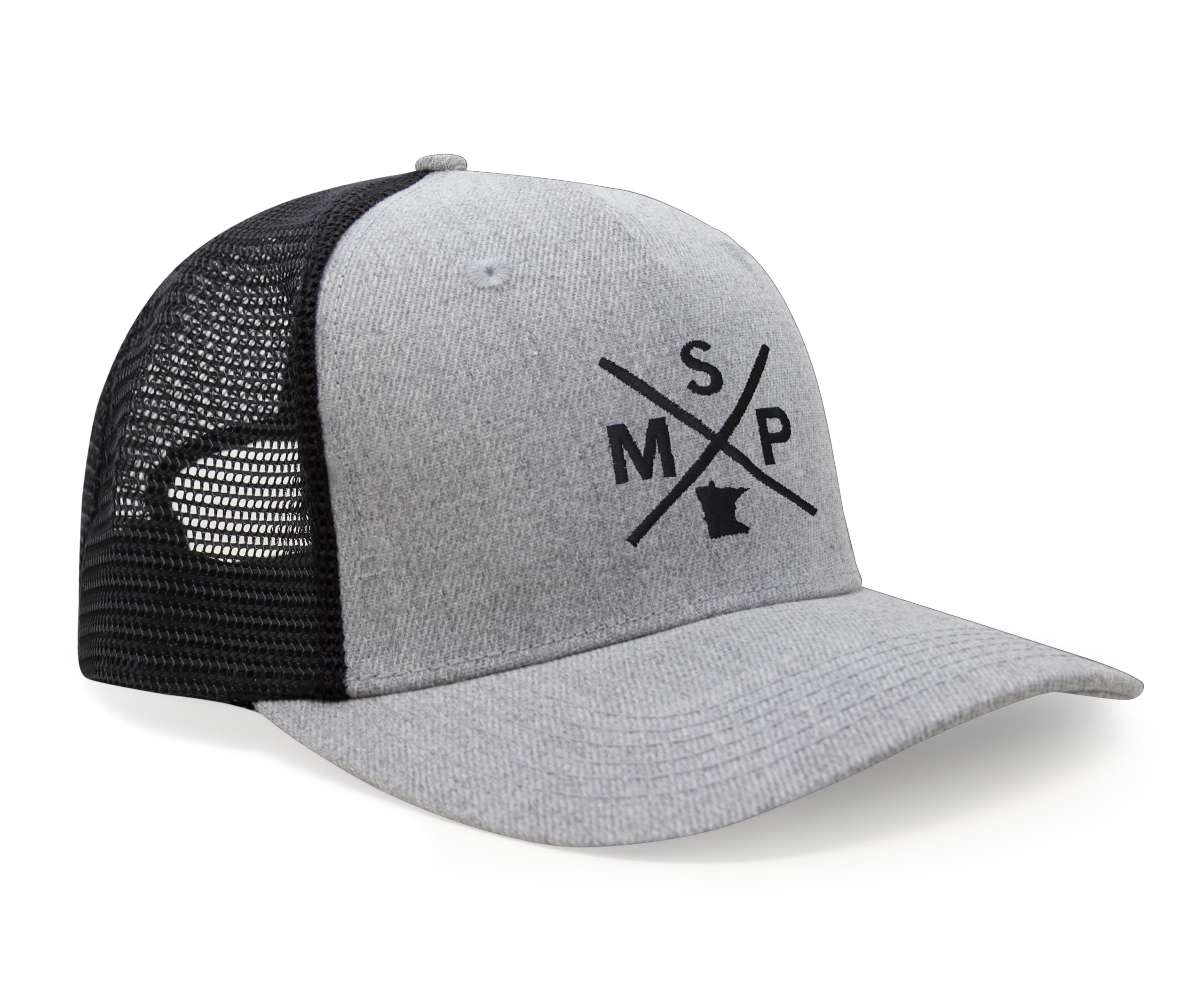 International Tie State City Hat for Men and Women, Snapback Trucker Baseball Cap with Embroidered Cross Logo (MSP - Minneapolis St. Paul, Grey Black)