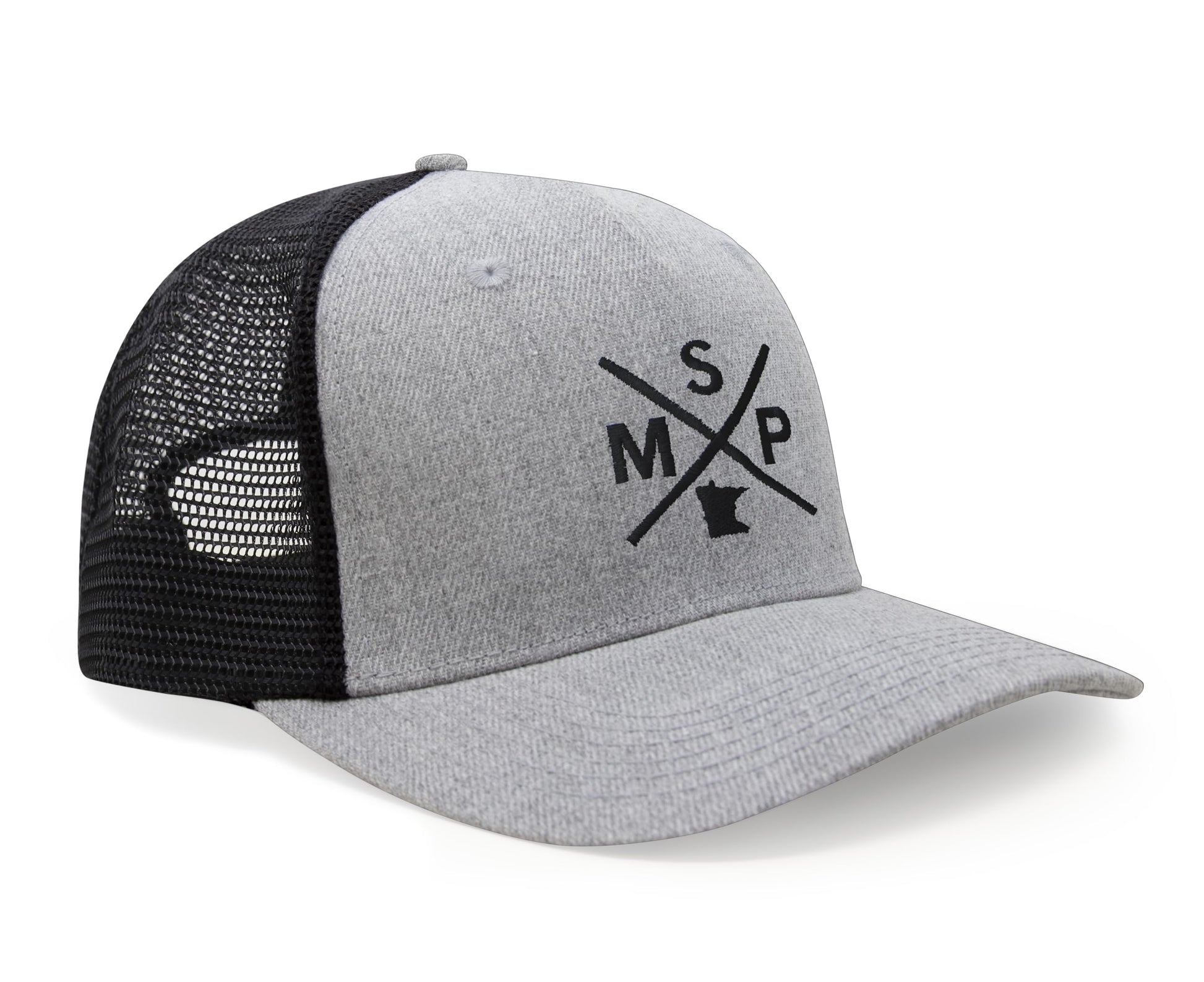 International Tie State City Hat for Men and Women, Snapback Trucker Baseball Cap with Embroidered Cross Logo (MSP - Minneapolis St. Paul, Grey Black) - International Tie