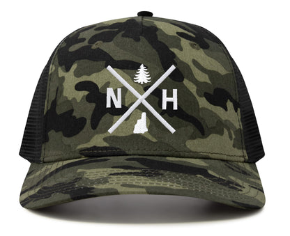 International Tie Hat for Men and Women, Adjustable Snapback Trucker Baseball Cap, Embroidered Cross Logo (NH- New Hampshire, Camouflage)