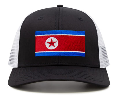 International Tie North Korea Flag Hat for Men and Women - Adjustable Snapback Trucker Baseball Cap (Black White)