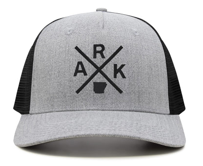 International Tie Hat for Men and Women, Adjustable Snapback Trucker Baseball Cap, Embroidered Cross Logo (ARK - Arkansas, Grey Black)