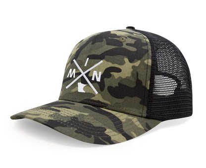 International Tie Hat for Men and Women, MIN Snapback Trucker Baseball Cap, Embroidered Cross Logo (MIN - Minnesota, Camouflage)
