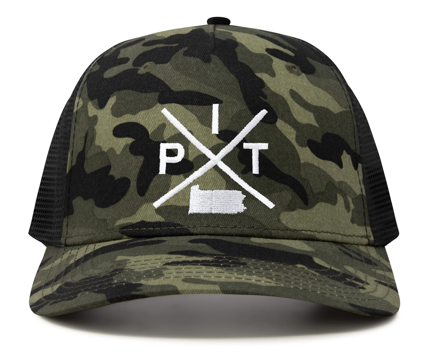 International Tie Hat for Men and Women, Snapback Trucker Baseball Cap, Embroidered Cross Logo (Pit - Pittsburgh, Camouflage) - International Tie