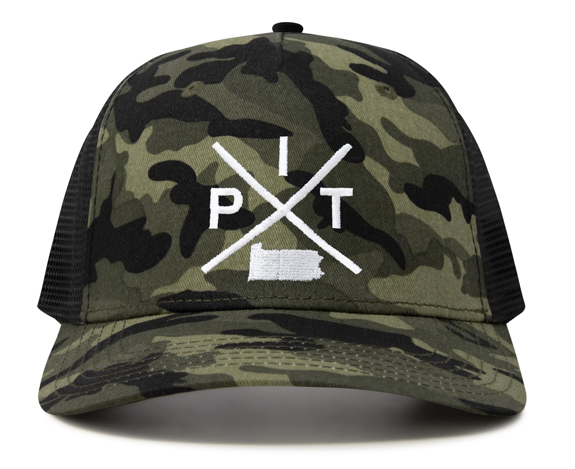 International Tie Hat for Men and Women, Snapback Trucker Baseball Cap, Embroidered Cross Logo (Pit - Pittsburgh, Camouflage) - International Tie