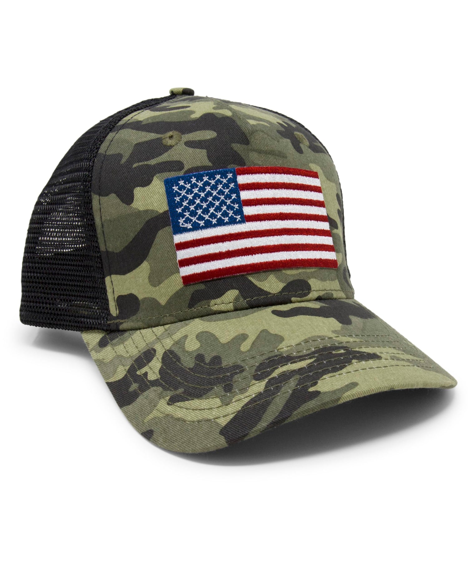 American Flag Trucker Baseball Snapback Hat (Camouflage) - International Tie - International Tie
