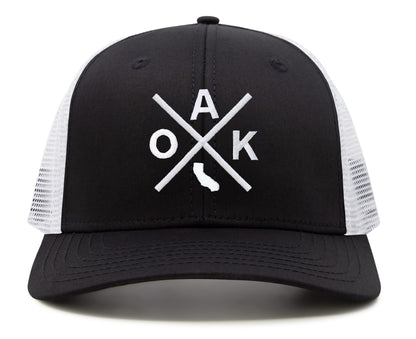 International Tie Hat for Men and Women, Adjustable Snapback Trucker Baseball Cap, Embroidered Cross Logo (OAK - Oakland, Black White)