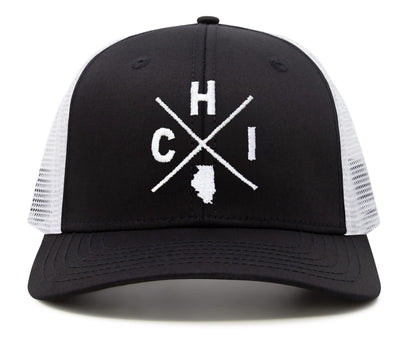 International Tie Premium Chicago CHI Flag Hat Men and Women – Snapback Trucker Baseball Cap (Black/White)