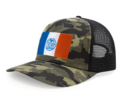 International Tie New York City Flag Hat for Men and Women - Adjustable Snapback Trucker Baseball Cap (Camouflage)