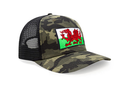 International Tie Country Hat for Men and Women, Adjustable Snapback Trucker Baseball Cap with Embroidered Patch (Wales, Camouflage)