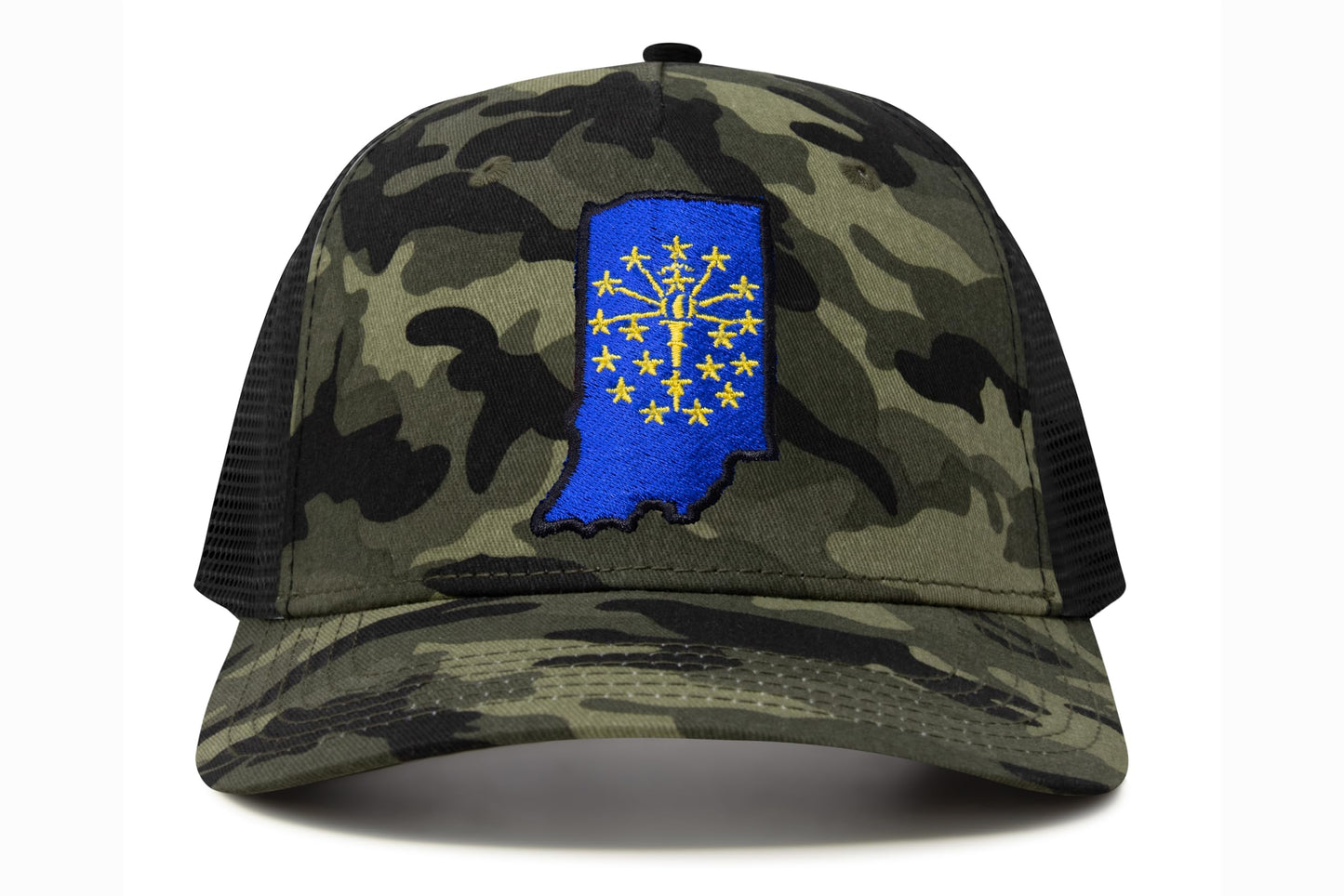 International Tie Stateline Flag Hat for Men and Women - Snapback Trucker Baseball Cap (Indiana, Camouflage) - International Tie