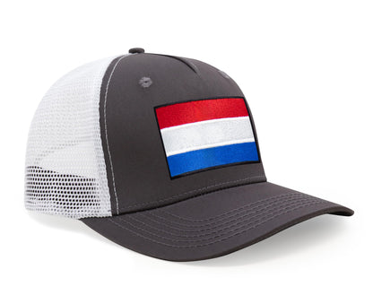 International Tie Netherlands Flag Hat for Men and Women - Adjustable Snapback Trucker Baseball Cap (Grey White)