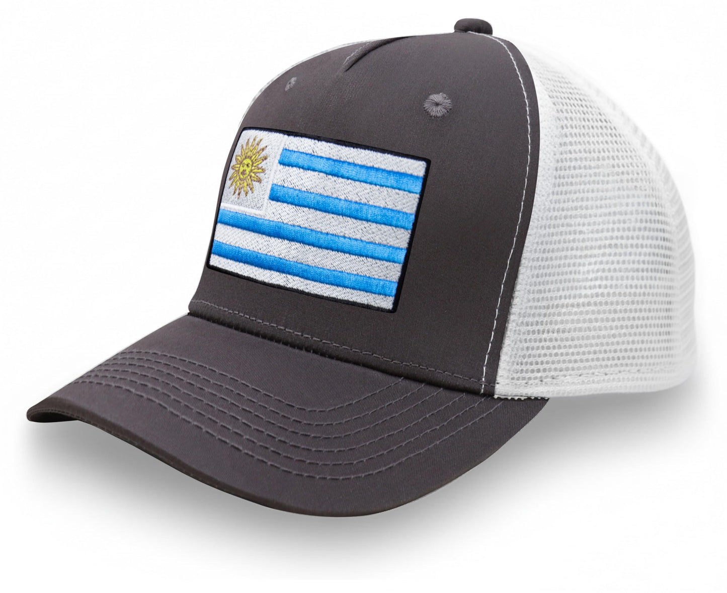 International Tie Country Hat for Men and Women, Adjustable Snapback Trucker Baseball Cap with Embroidered Patch (Uruguay, Grey White)