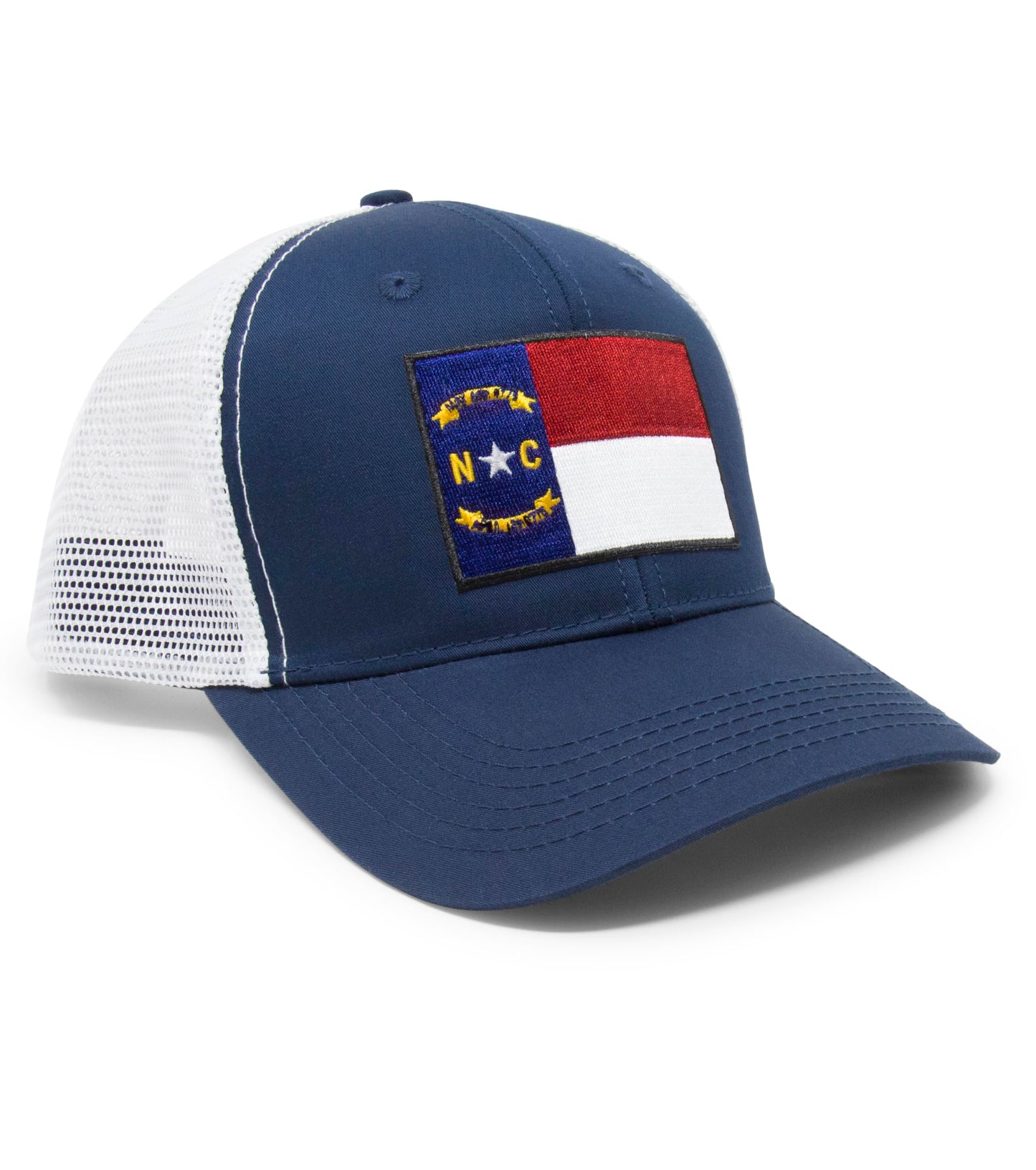 North Carolina Flag Trucker Baseball Snapback Hat (Navy White) - International Tie