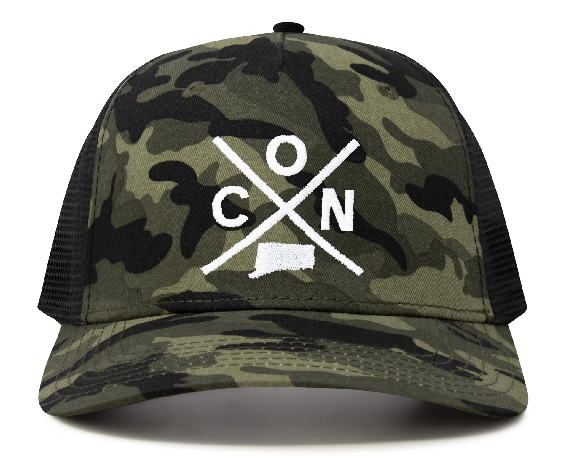 International Tie State City Hat for Men and Women, Snapback Trucker Baseball Cap with Embroidered Cross Logo (Connecticut - CON, Camouflage) - International Tie