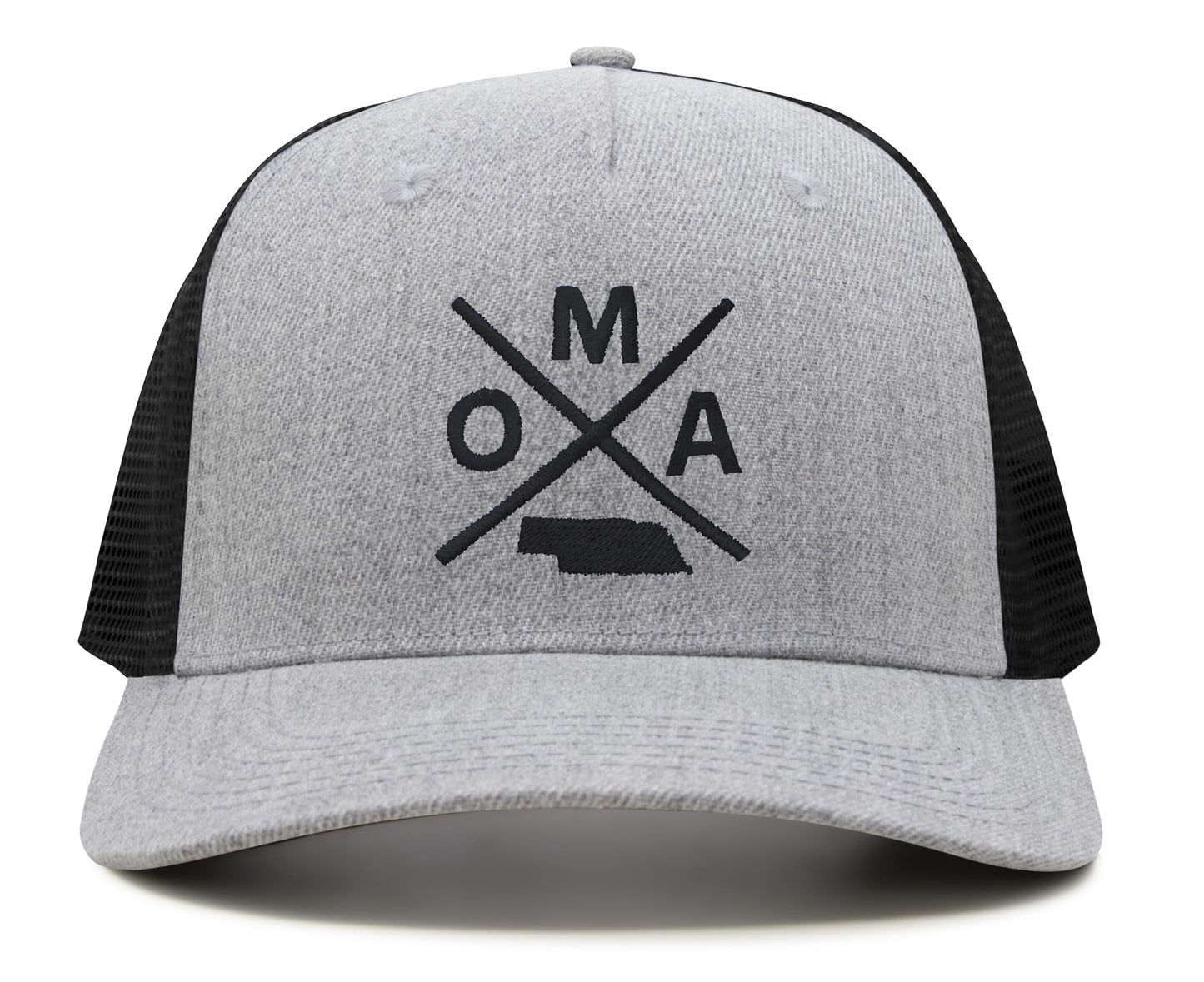 International Tie Hat for Men and Women, Snapback Trucker Baseball Cap, Embroidered Cross Logo (OMA - Omaha, Grey Black) - International Tie