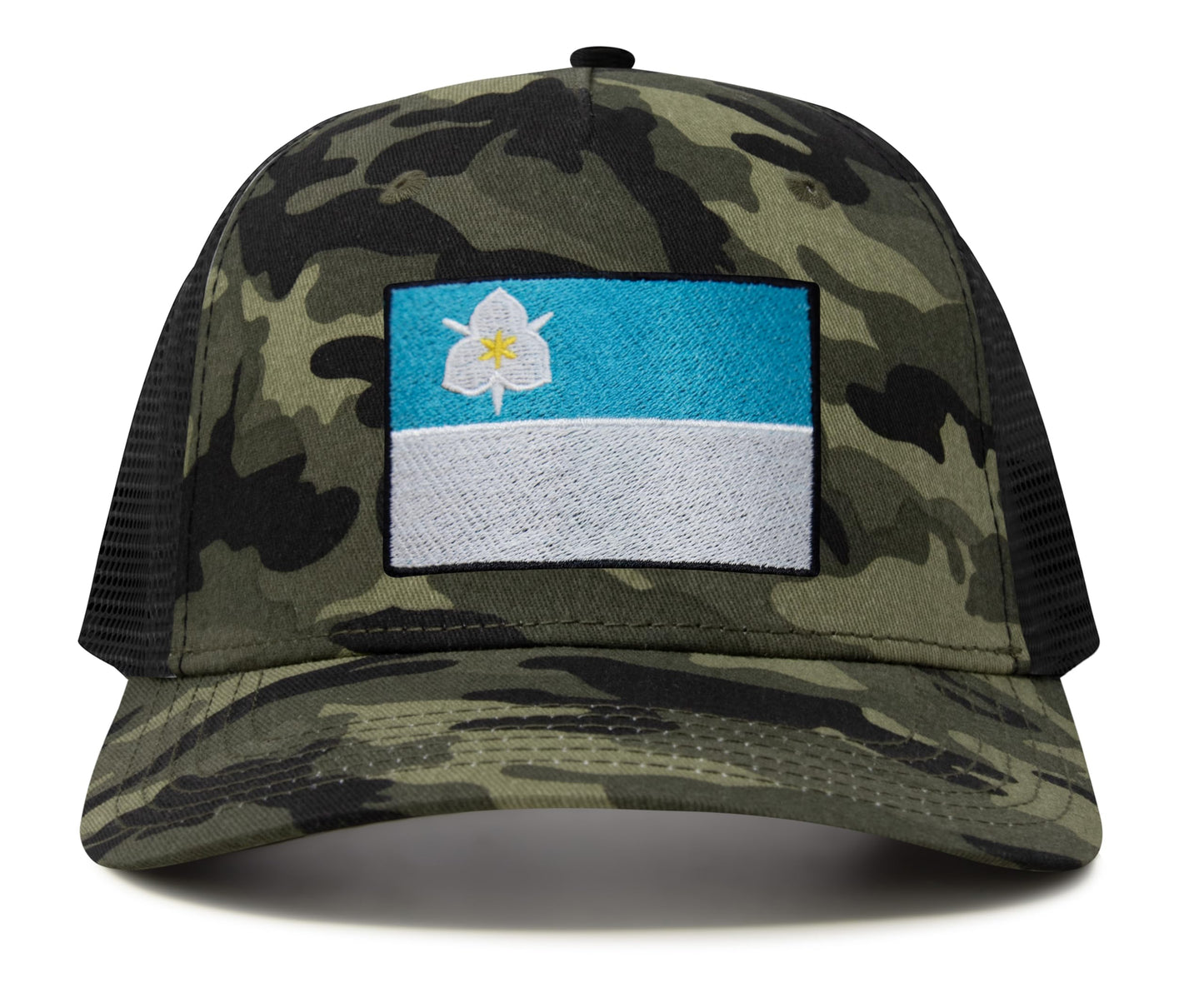 International Tie City Hat for Men and Women, Adjustable Snapback Trucker Baseball Cap with Embroidered Patch (Salt Lake City, Camouflage)