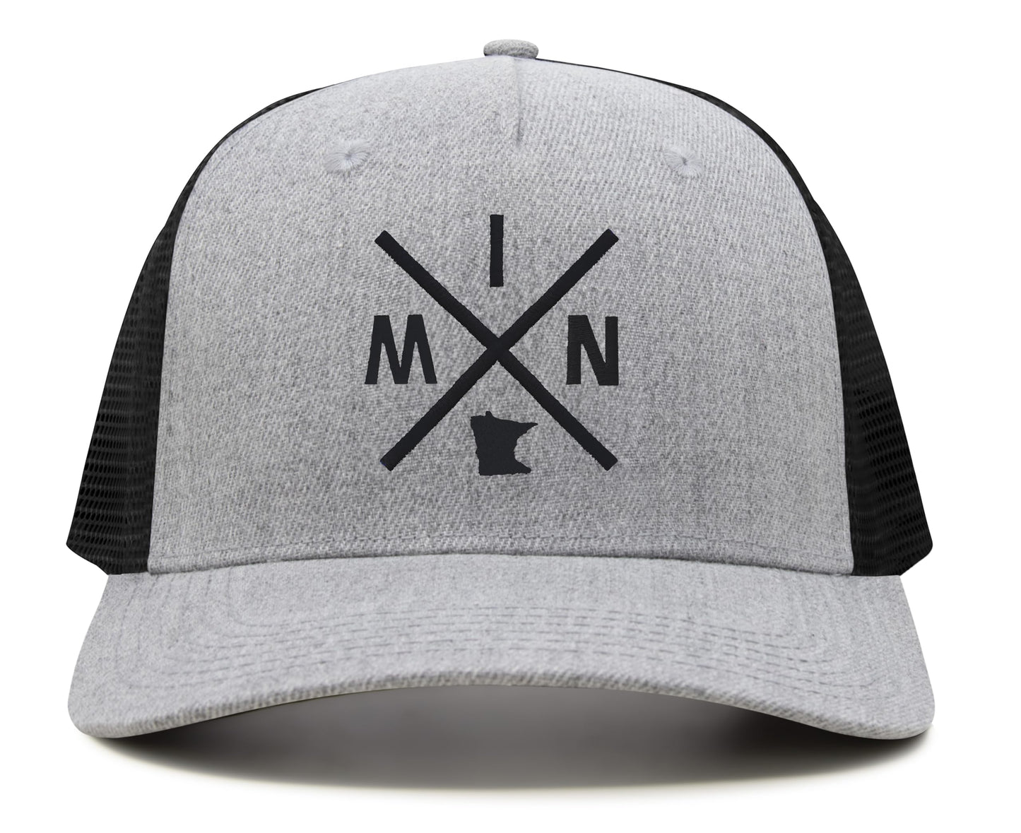 International Tie Hat for Men and Women, MIN Snapback Trucker Baseball Cap, Embroidered Cross Logo (MIN - Minnesota, Grey Black)