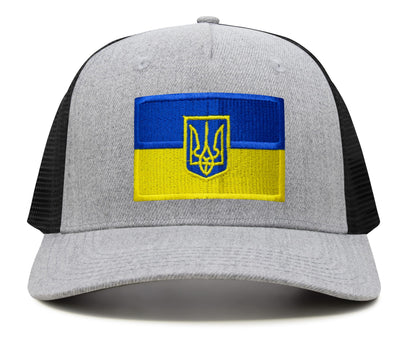 International Tie Country Hat for Men and Women, Adjustable Snapback Trucker Baseball Cap with Embroidered Patch (Ukraine, Grey Black)