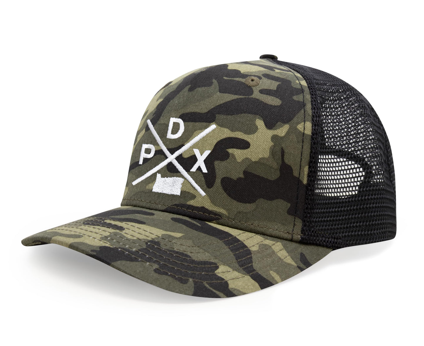 International Tie Hat for Men and Women, Snapback Trucker Baseball Cap, Embroidered Cross Logo (PDX - Portland, Camouflage) - International Tie