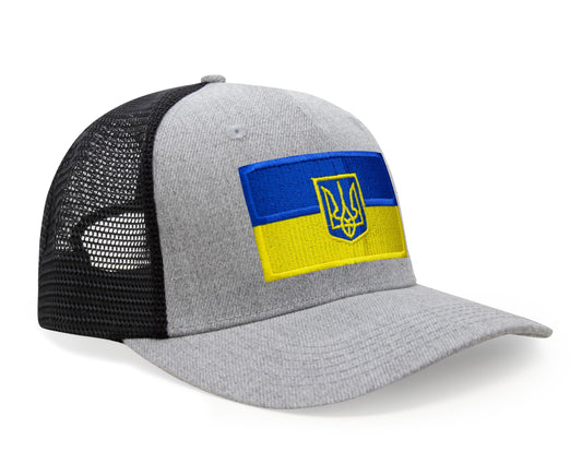 International Tie Country Hat for Men and Women, Adjustable Snapback Trucker Baseball Cap with Embroidered Patch (Ukraine, Grey Black)