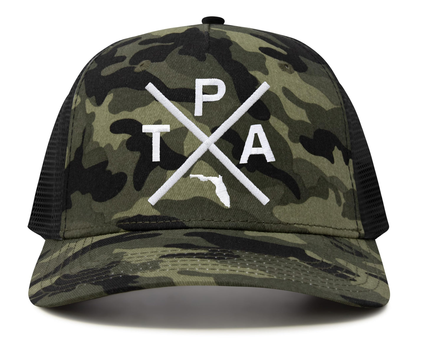 International Tie Hat for Men and Women, Snapback Trucker Baseball Cap, Embroidered Cross Logo (Tampa - TPA, Camouflage)