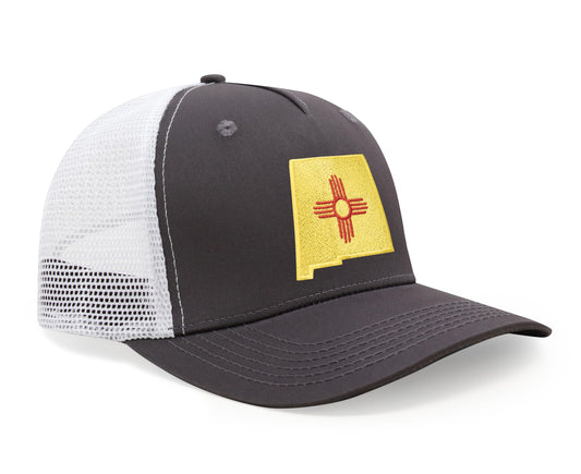 International Tie Stateline Flag Hat for Men and Women - Snapback Trucker Baseball Cap (New Mexico, Grey White)