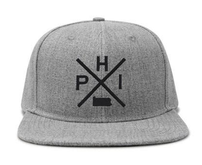International Tie Philadelphia Hat for Men and Women, PHI Snapback Trucker Baseball Cap, Embroidered Cross Logo (Grey Flatbill)