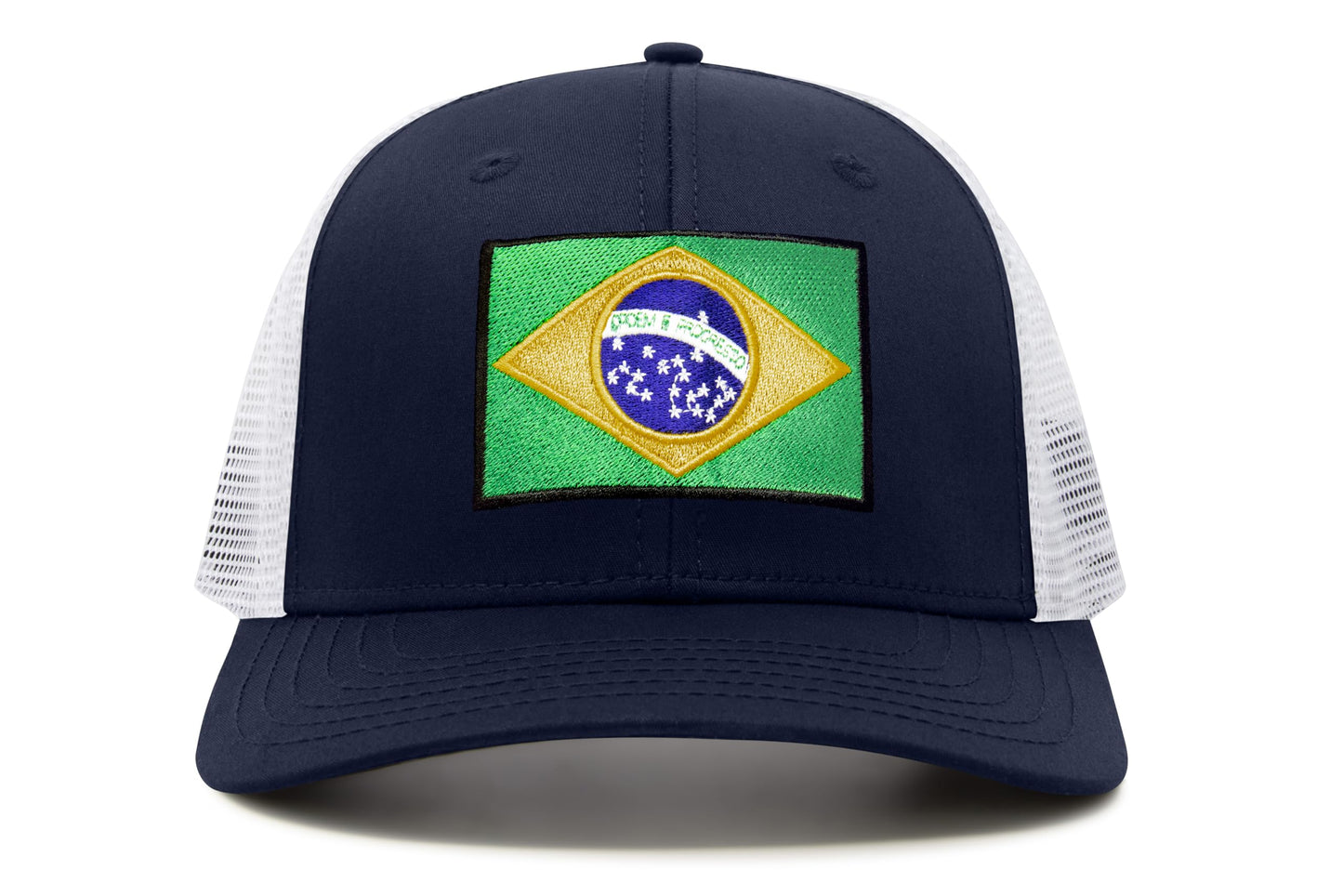 International Tie Country Hat for Men and Women, Adjustable Snapback Trucker Baseball Cap with Embroidered Patch (Brazil, Navy White)