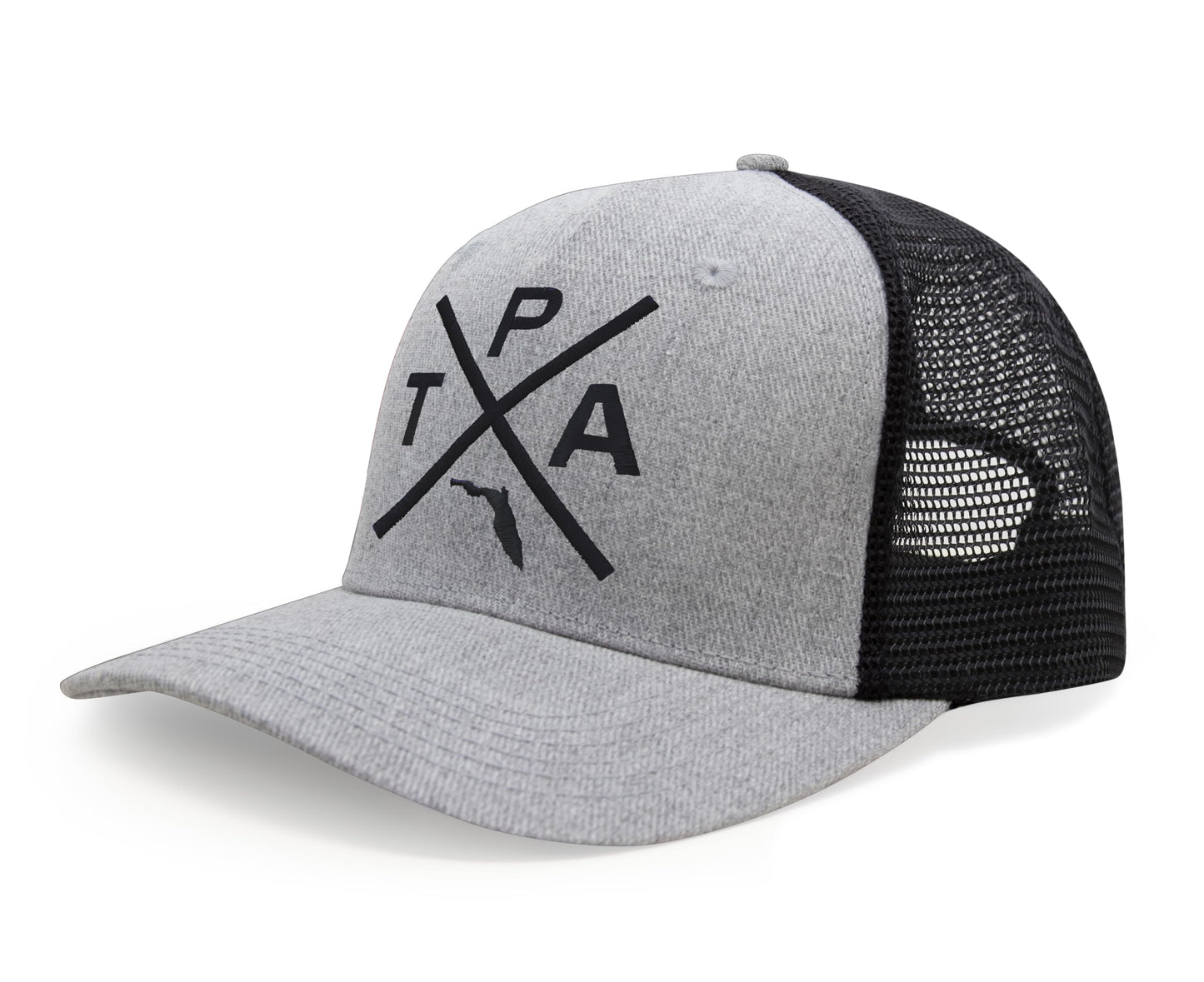 International Tie Hat for Men and Women, Snapback Trucker Baseball Cap, Embroidered Cross Logo (Tampa - TPA, Grey Black)