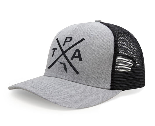 International Tie Hat for Men and Women, Snapback Trucker Baseball Cap, Embroidered Cross Logo (Tampa - TPA, Grey Black)