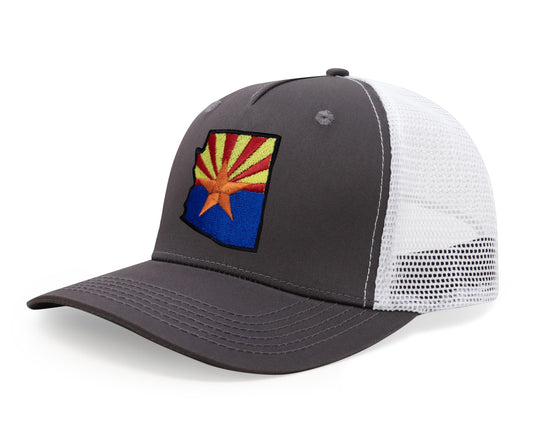 International Tie Stateline Flag Hat for Men and Women - Snapback Trucker Baseball Cap (Arizona, Grey White)