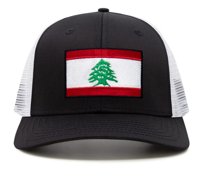 International Tie Lebanon Flag Hat for Men and Women - Adjustable Snapback Trucker Baseball Cap (Black White)