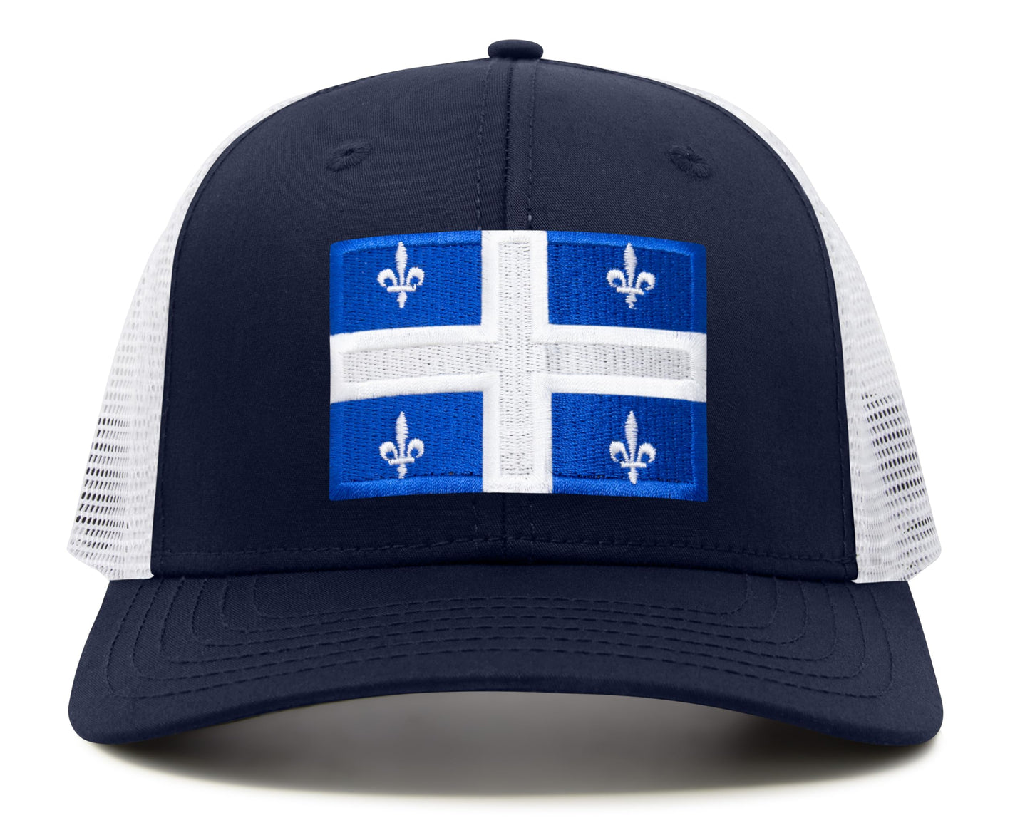 International Tie State Hat for Men and Women, Adjustable Snapback Trucker Baseball Cap with Embroidered Patch (Quebec, Navy White)