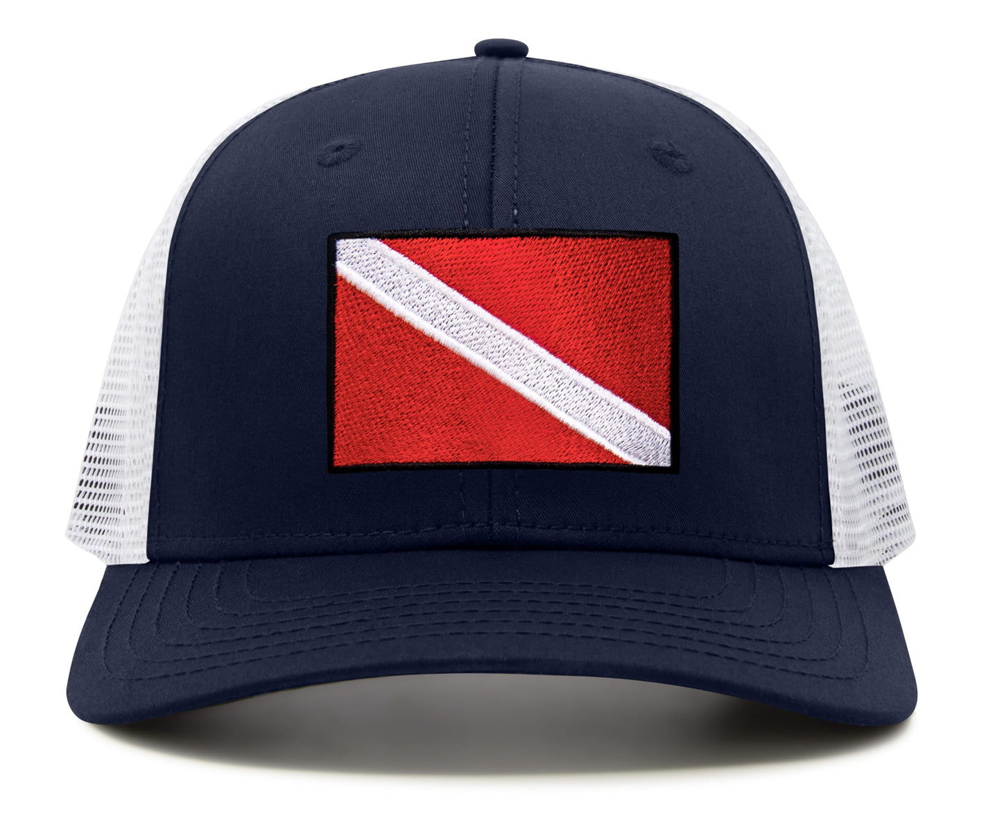 International Tie Scuba Diver Hat for Men and Women, Adjustable Snapback Trucker Baseball Cap with Embroidered Scuba Flag (Navy White)