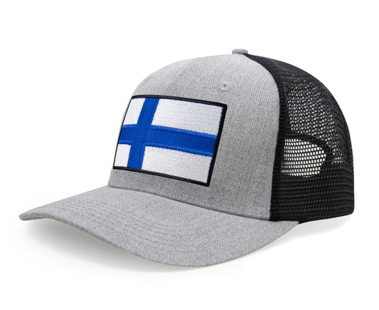 International Tie Finland Flag Hat for Men and Women - Adjustable Snapback Trucker Baseball Cap (Grey Black)
