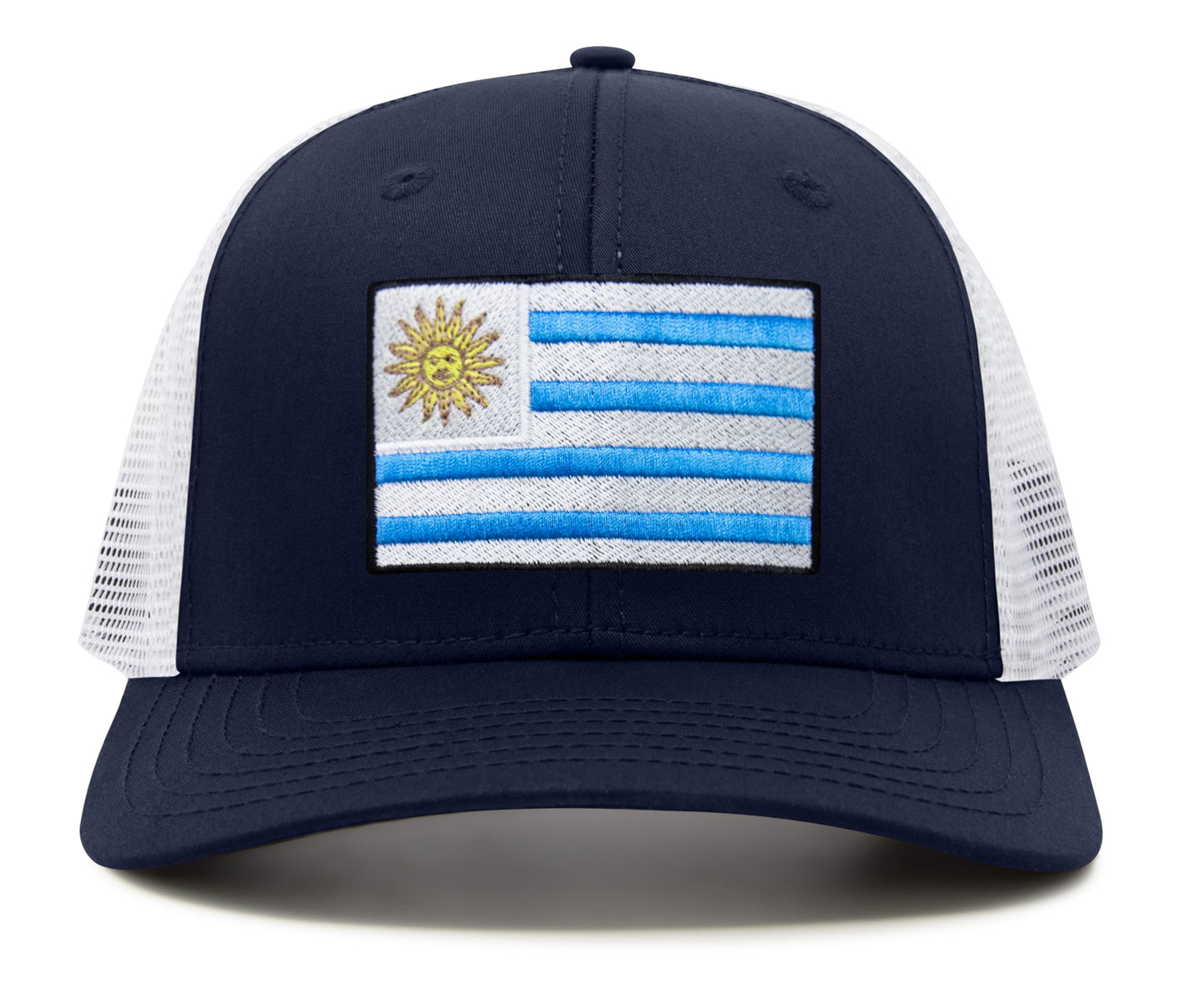 International Tie Country Hat for Men and Women, Adjustable Snapback Trucker Baseball Cap with Embroidered Patch (Uruguay, Navy White)
