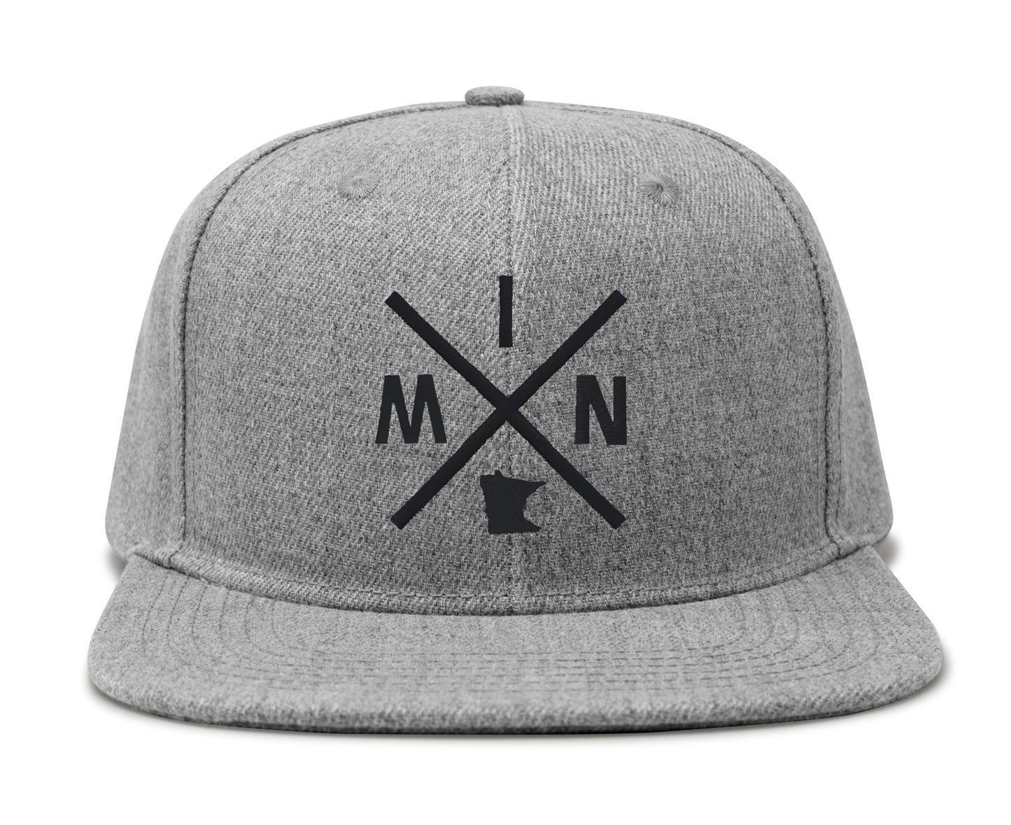 International Tie Hat for Men and Women, MIN Snapback Trucker Baseball Cap, Embroidered Cross Logo (MIN - Minnesota, Grey Flatbill)