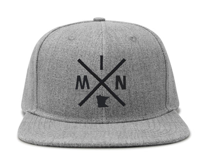 International Tie Hat for Men and Women, MIN Snapback Trucker Baseball Cap, Embroidered Cross Logo (MIN - Minnesota, Grey Flatbill)
