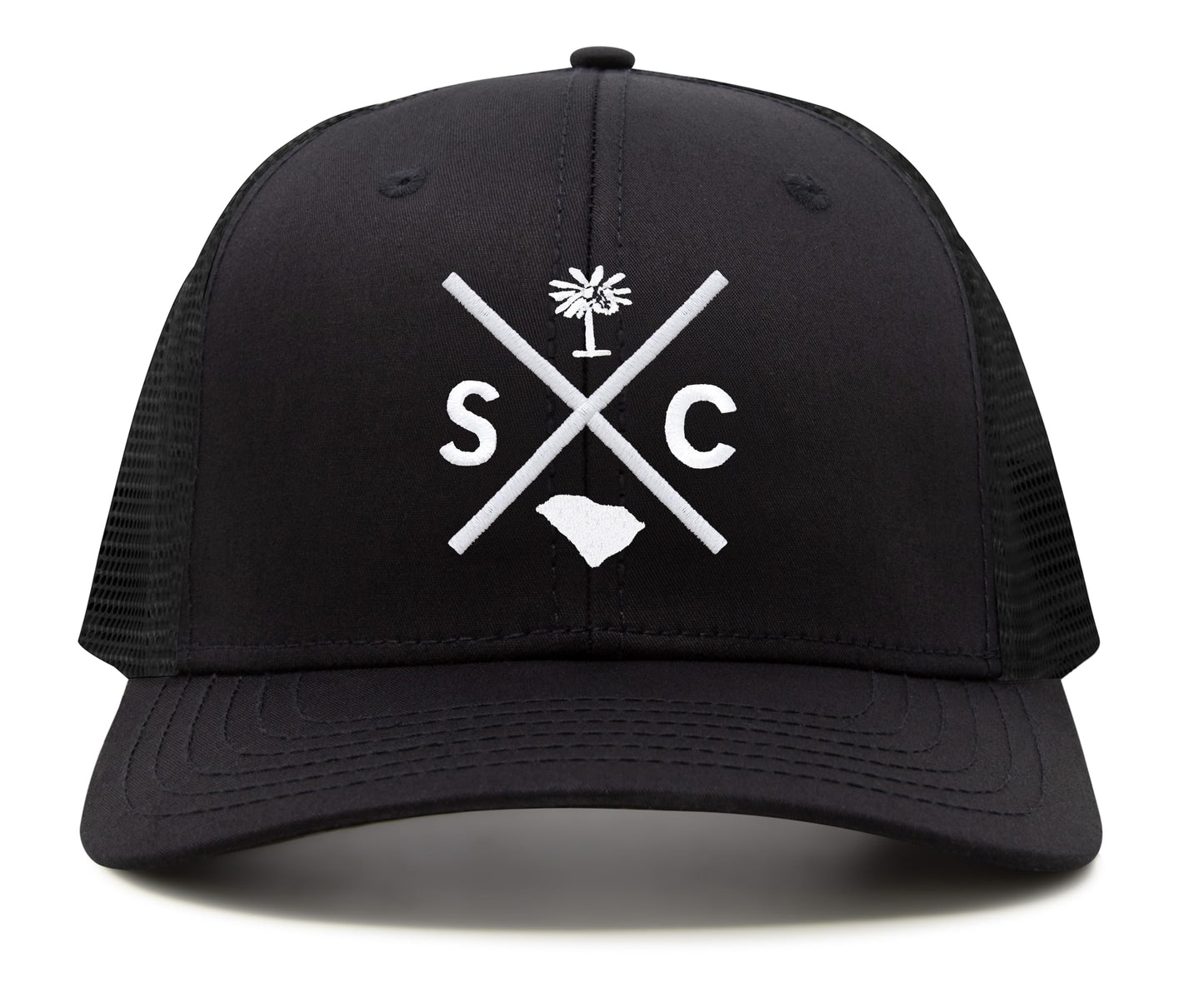 International Tie Hat for Men and Women, Adjustable Snapback Trucker Baseball Cap, Embroidered Cross Logo (SC - South Carolina, All Black)