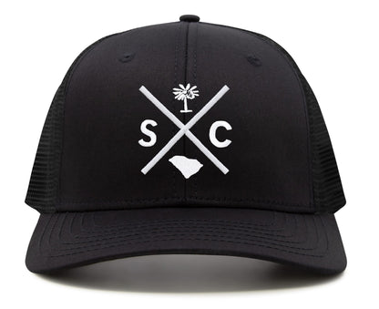 International Tie Hat for Men and Women, Adjustable Snapback Trucker Baseball Cap, Embroidered Cross Logo (SC - South Carolina, All Black)