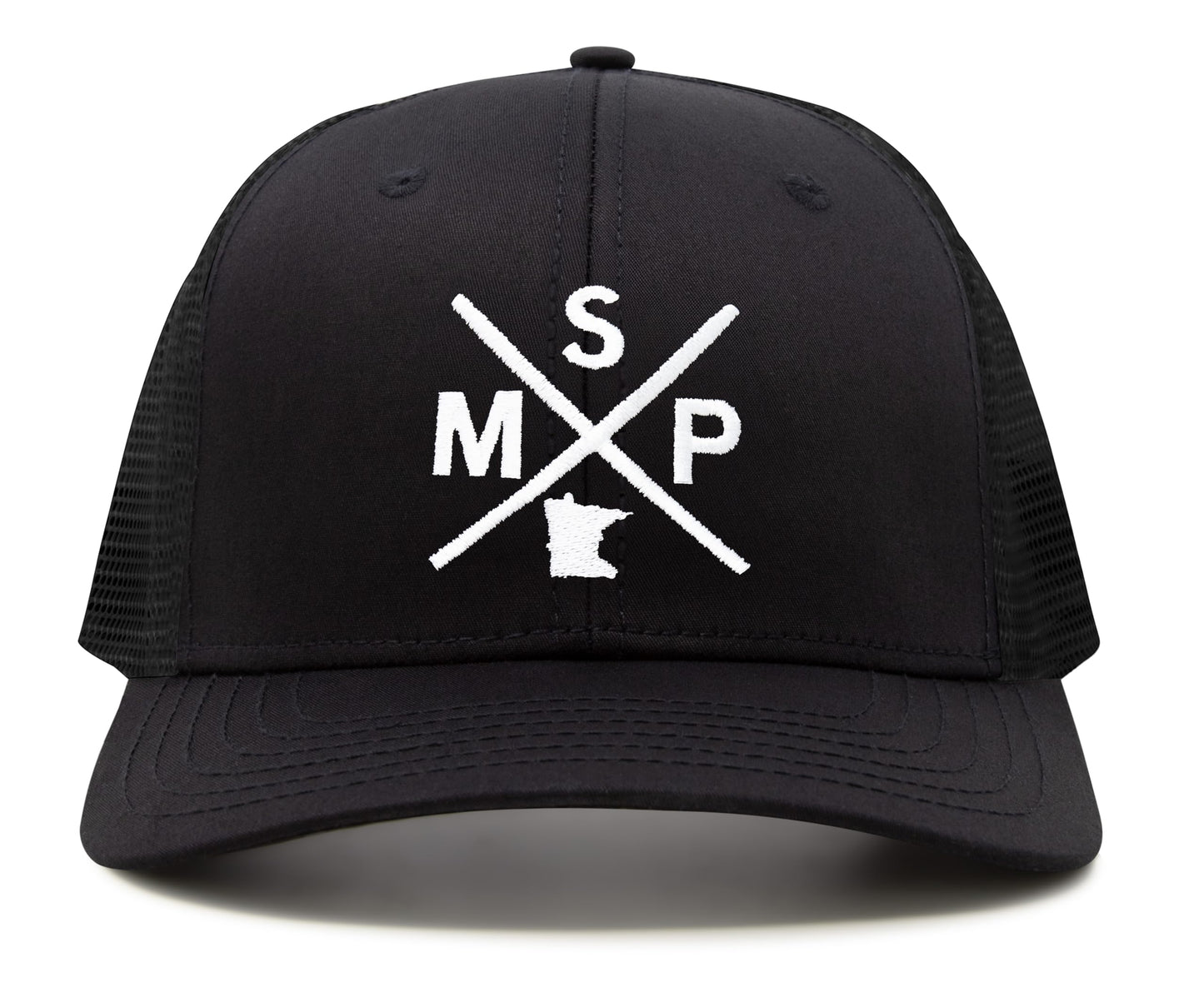 International Tie State City Hat for Men and Women, Snapback Trucker Baseball Cap with Embroidered Cross Logo (MSP - Minneapolis St. Paul, All Black) - International Tie
