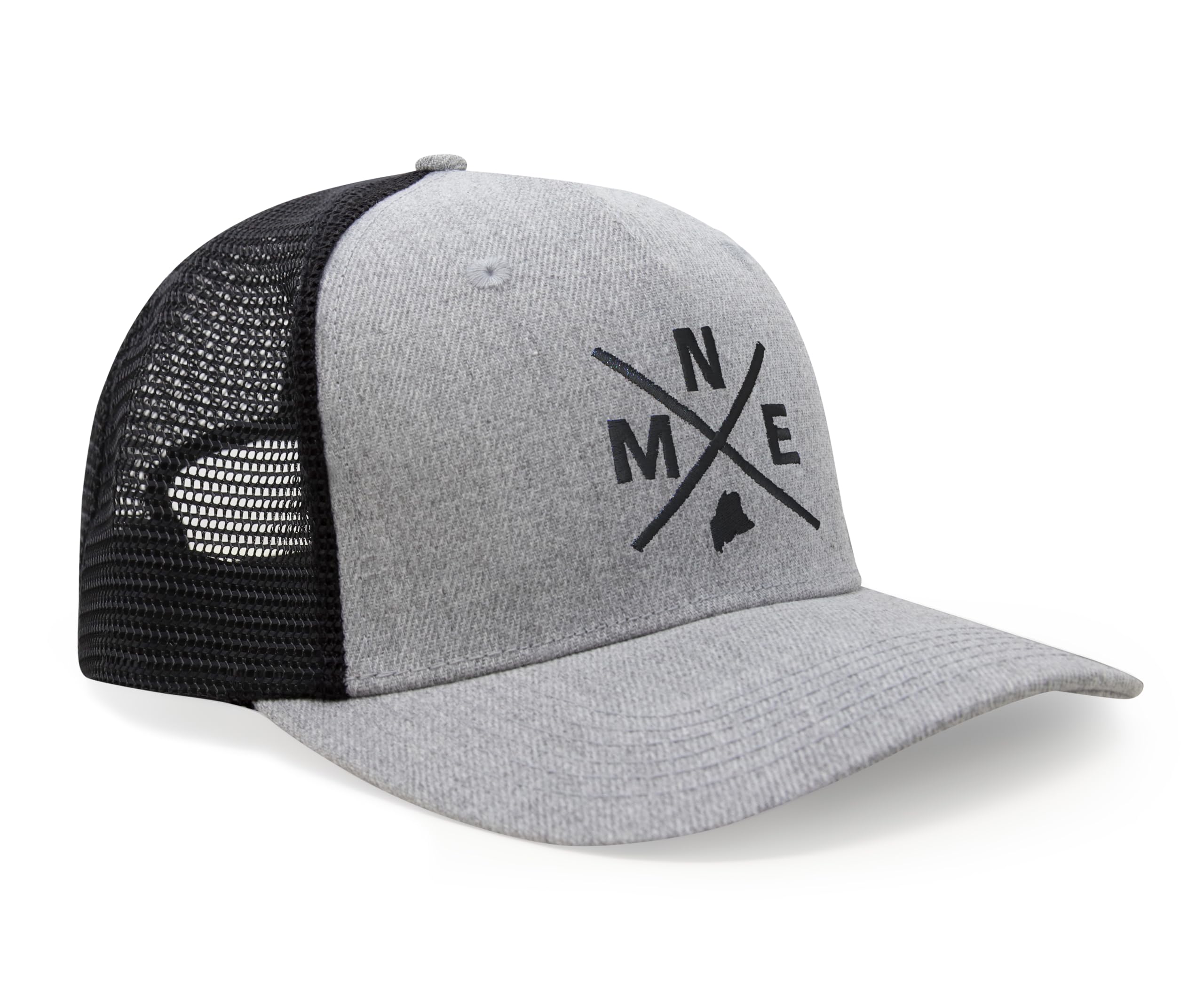 International Tie State City Hat for Men and Women, Snapback Trucker Baseball Cap with Embroidered Cross Logo (MNE - Maine, Grey Black)