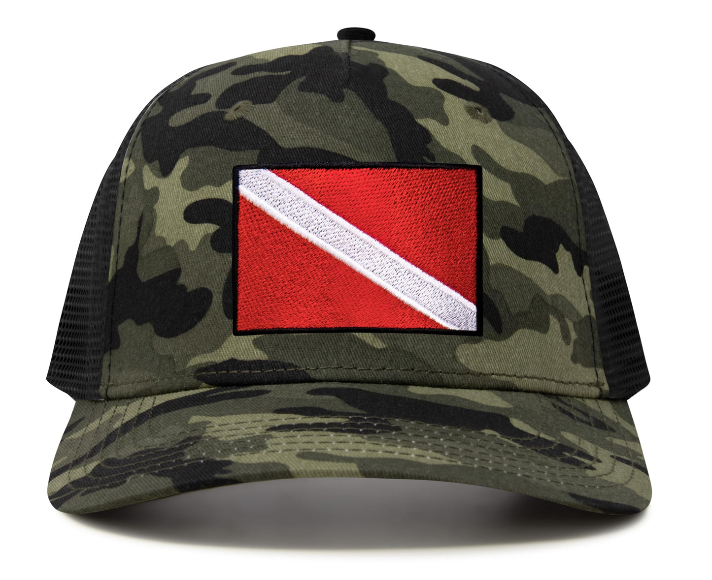 International Tie Scuba Diver Hat for Men and Women, Adjustable Snapback Trucker Baseball Cap with Embroidered Scuba Flag (Camouflage)