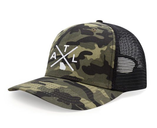 International Tie Hat for Men and Women, Snapback Trucker Baseball Cap, Embroidered Cross Logo (ATL - Atlanta, Camouflage) - International Tie